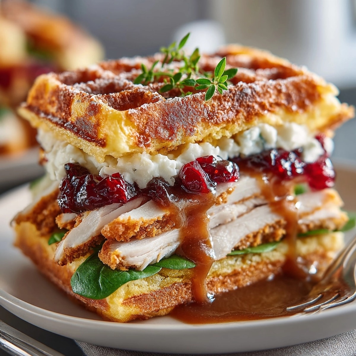 Visualización cercana de los crujientes sándwiches de waffle de sobras de Acción de Gracias bañados en salsa.