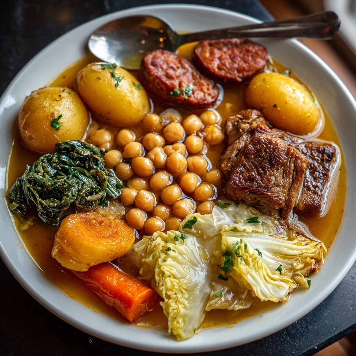 Delicioso Cocido Madrileño humeante, listo para servir en un día familiar y acogedor.