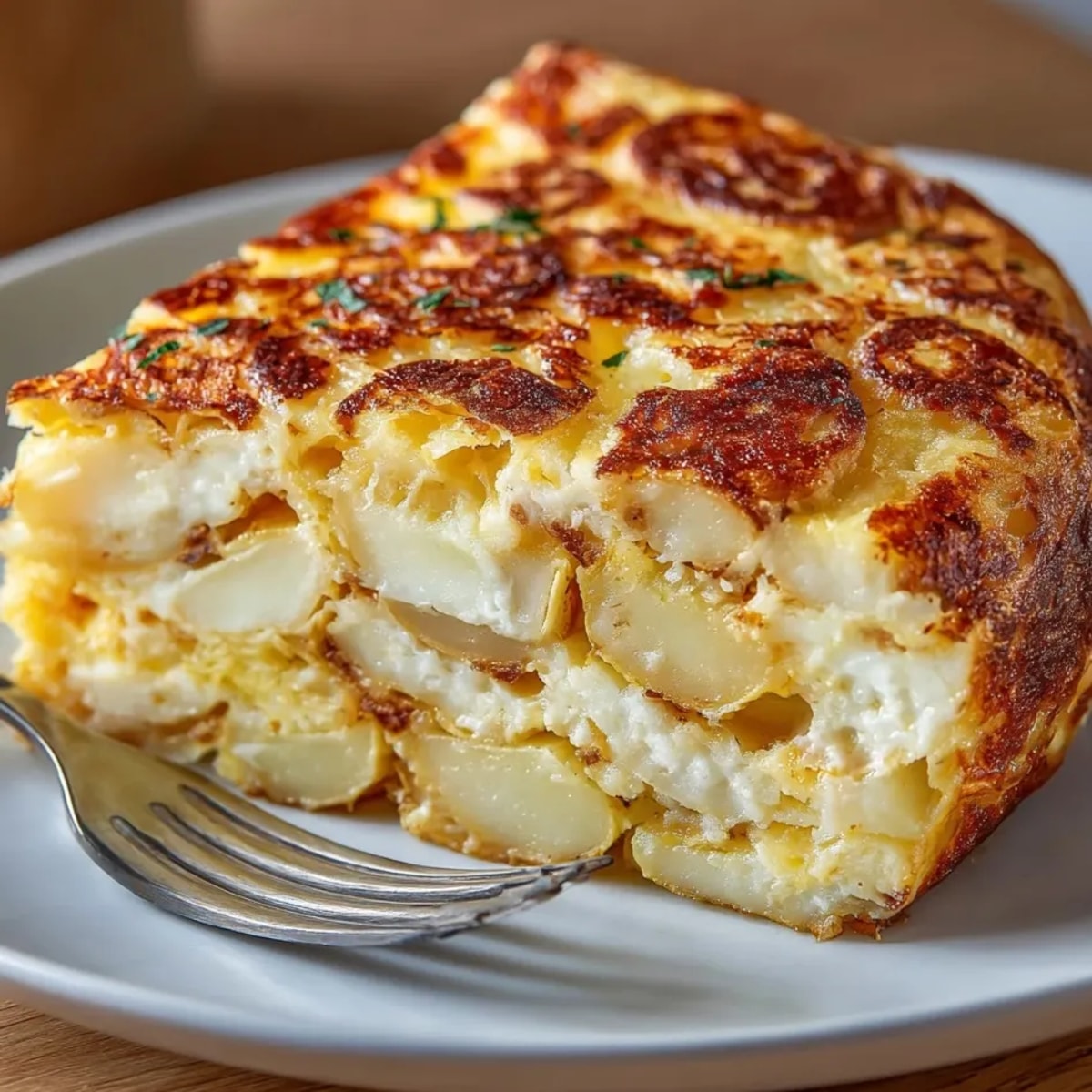 Tortilla Española dorada y esponjosa, lista para ser disfrutada como tapa tradicional con amigos.
