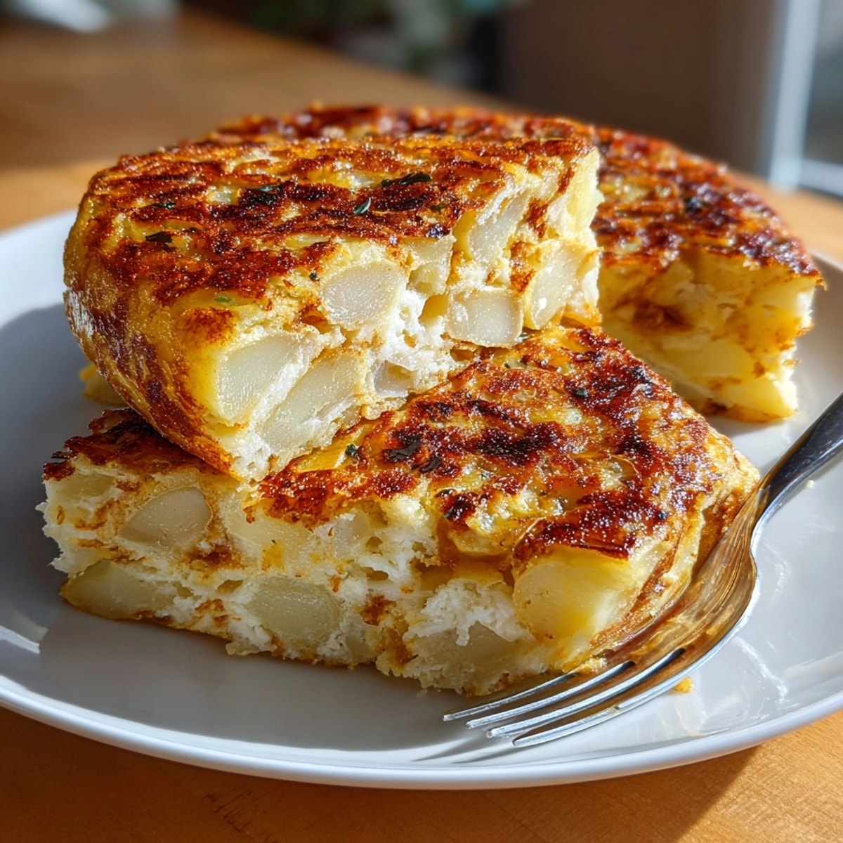Corte de una Tortilla Española jugosa, mostrando las patatas y cebollas caramelizadas por dentro.