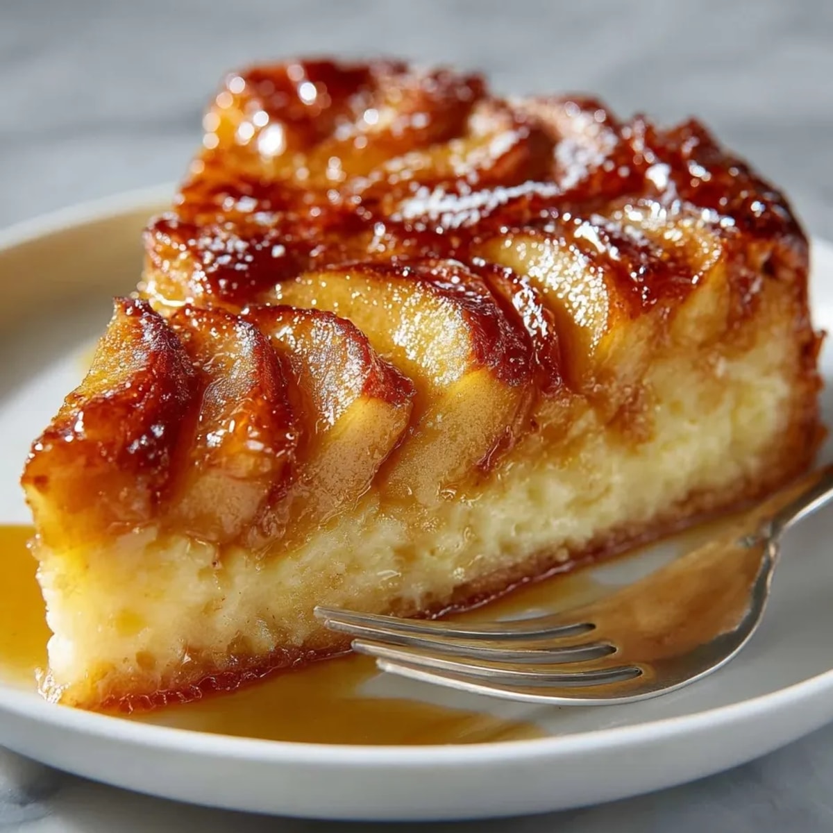 Tarta Tatin dorada y brillante, lista para servir caliente con una bola de helado.