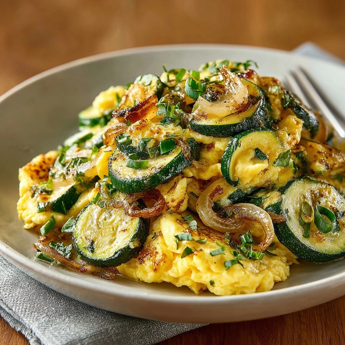 Zarangollo Murciano tradicional: un plato español sencillo de huevos, calabacín y cebolla suavemente pochados.