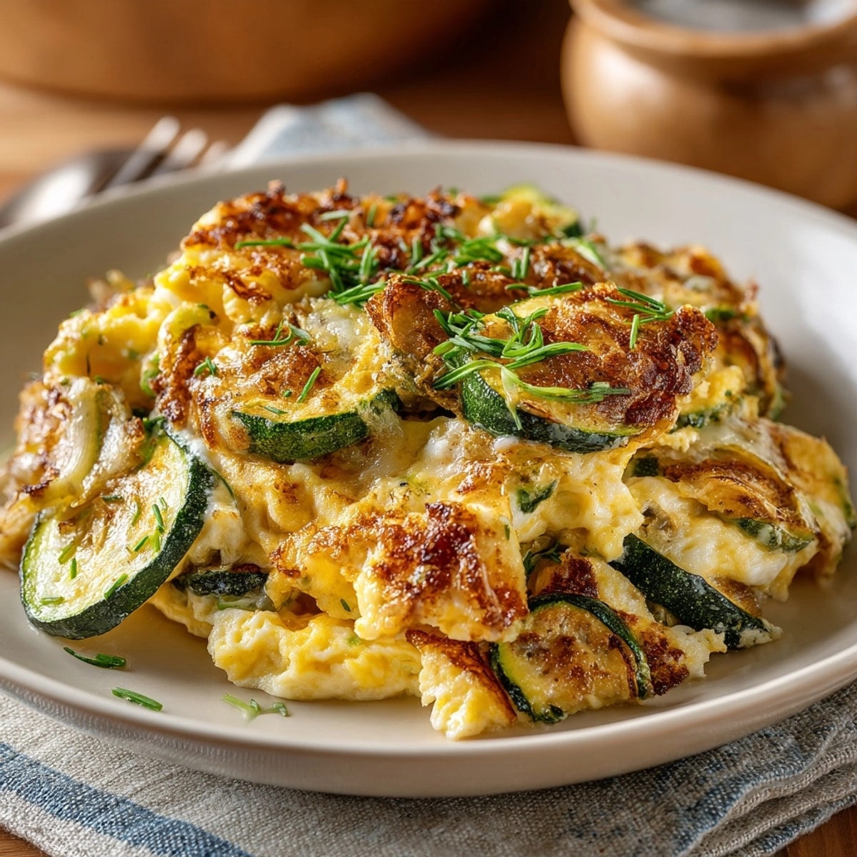 Un primer plano de Zarangollo Murciano, mostrando la textura suave de los huevos y el calabacín.