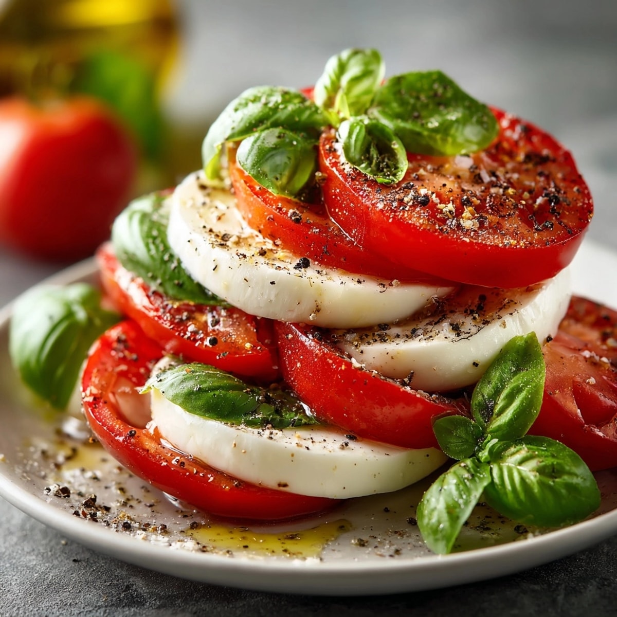 Ensalada Caprese con tomate jugoso, mozzarella cremosa y albahaca fresca, ¡una explosión de sabor!
