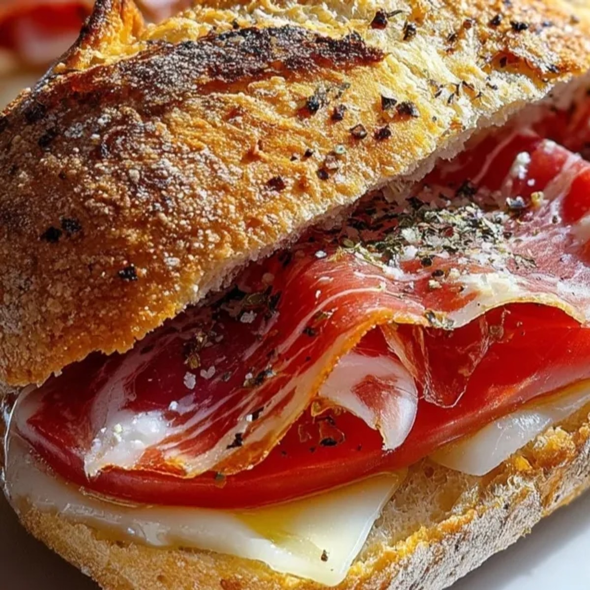 Sándwich de jamón ibérico: rebanadas finas entre pan crujiente, una simple y sabrosa receta española.