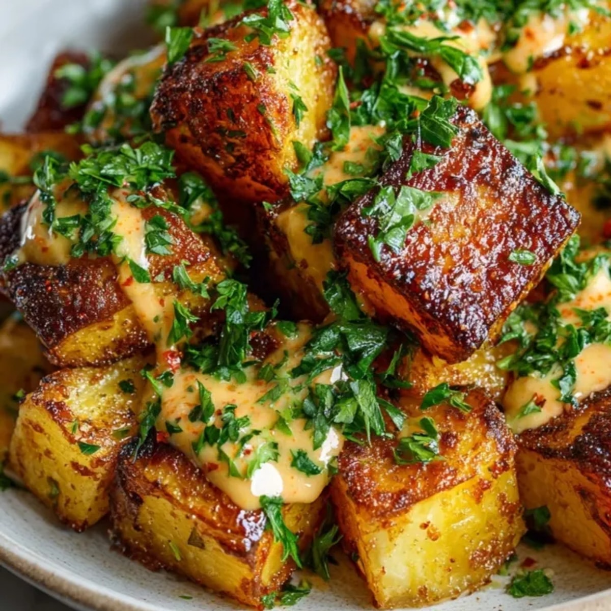 Crujientes patatas bravas, doradas y rojas con salsa picante, listas para degustar como tapas.