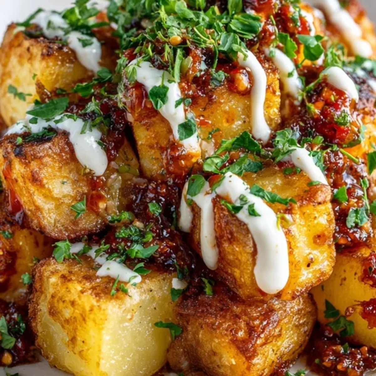 Vibrantes patatas bravas: cubos de patata rostizados bañados en una rica salsa ahumada de tomate.