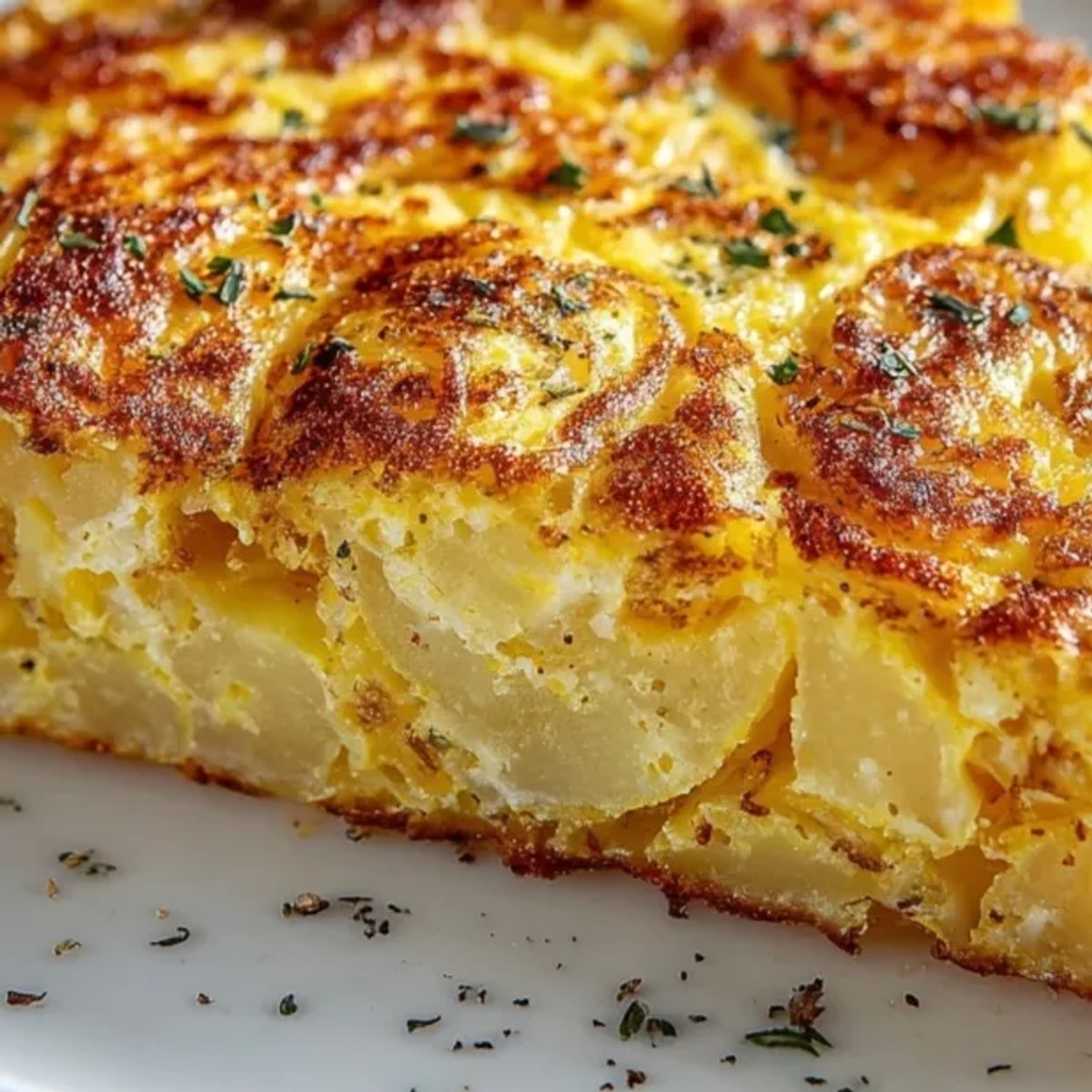 Vista cercana de una deliciosa tortilla española ligera, con papas tiernas y bordes dorados.