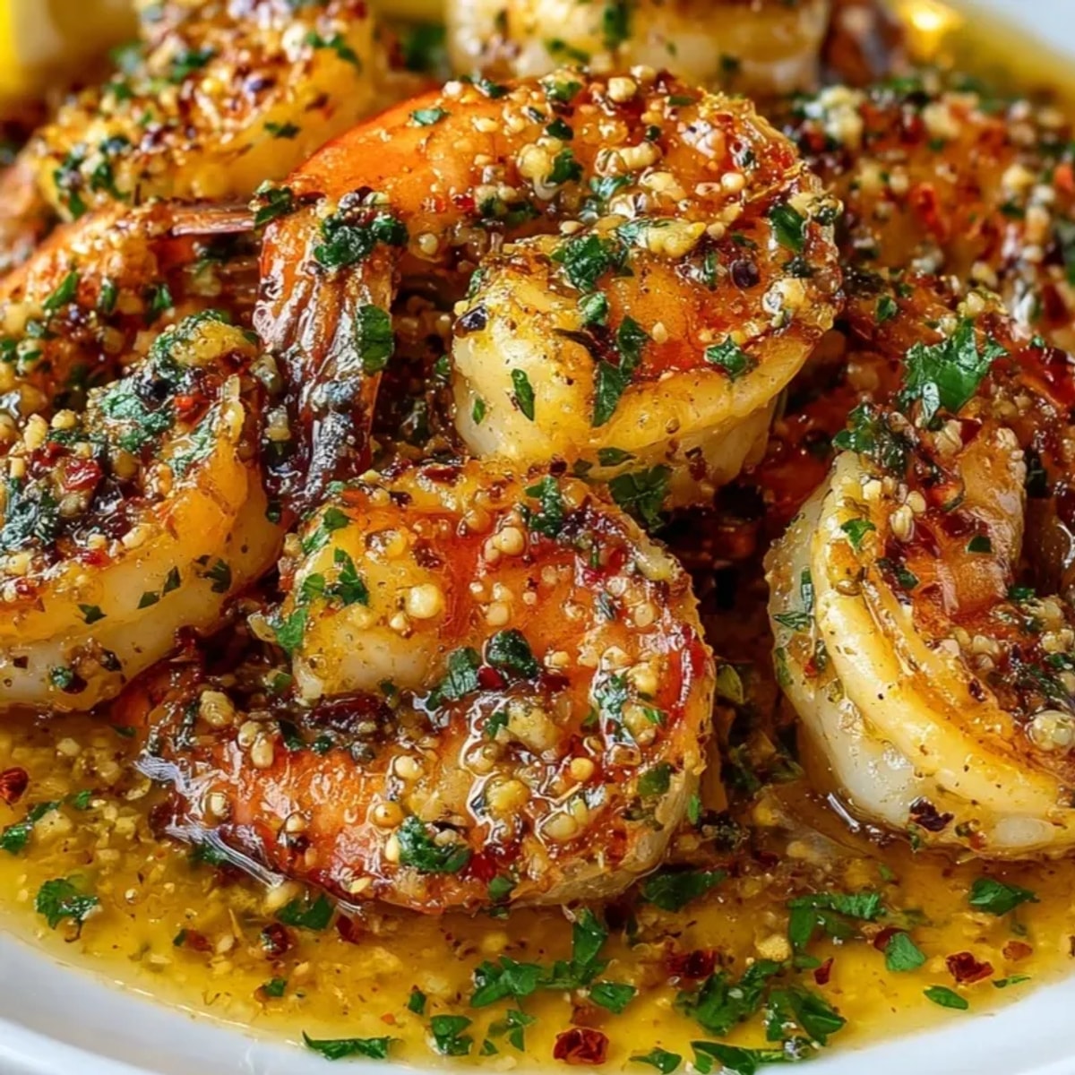 Camarones al ajillo en una sartén chispeante, listos para servir sobre pasta o pan crujiente.