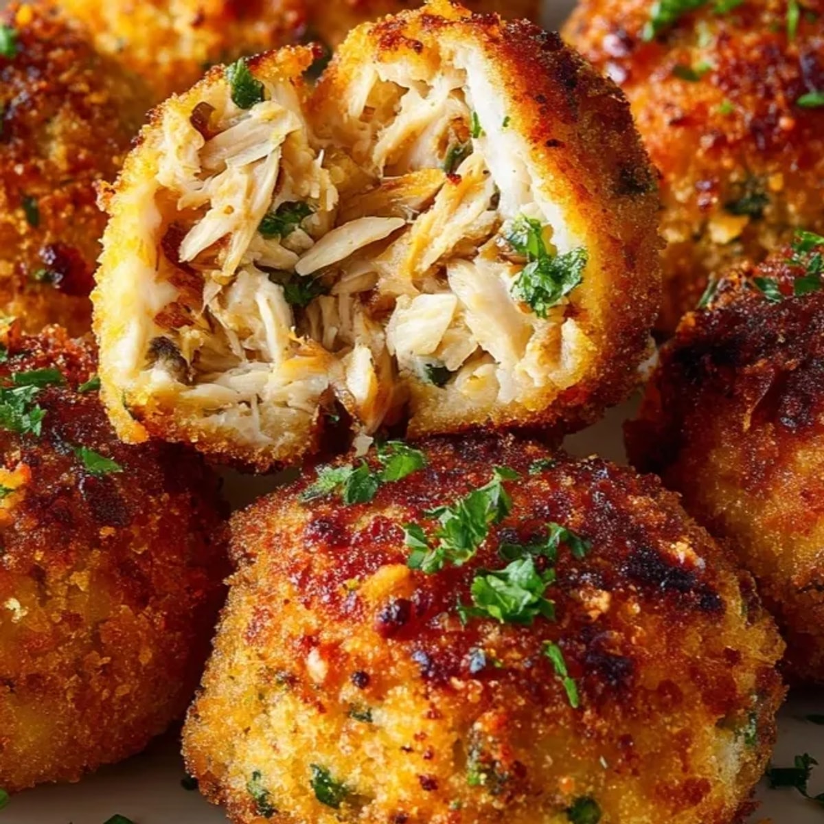 Crujientes croquetas de pollo ligeras, doradas y sazonadas, listas para sumergir.