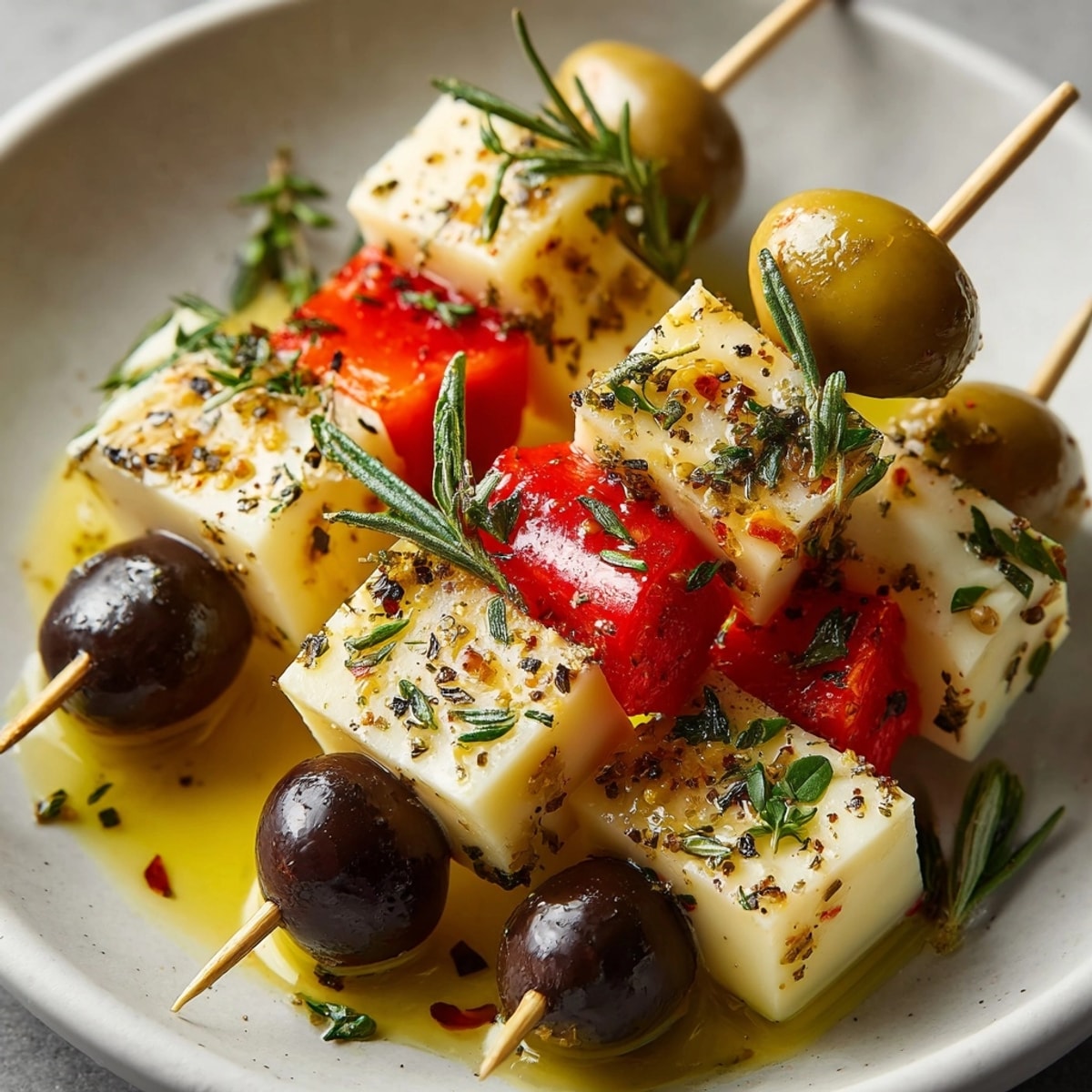 Tapas de queso manchego rápidas: queso salado, olivas brillantes y pimientos rojos dulces en un plato.