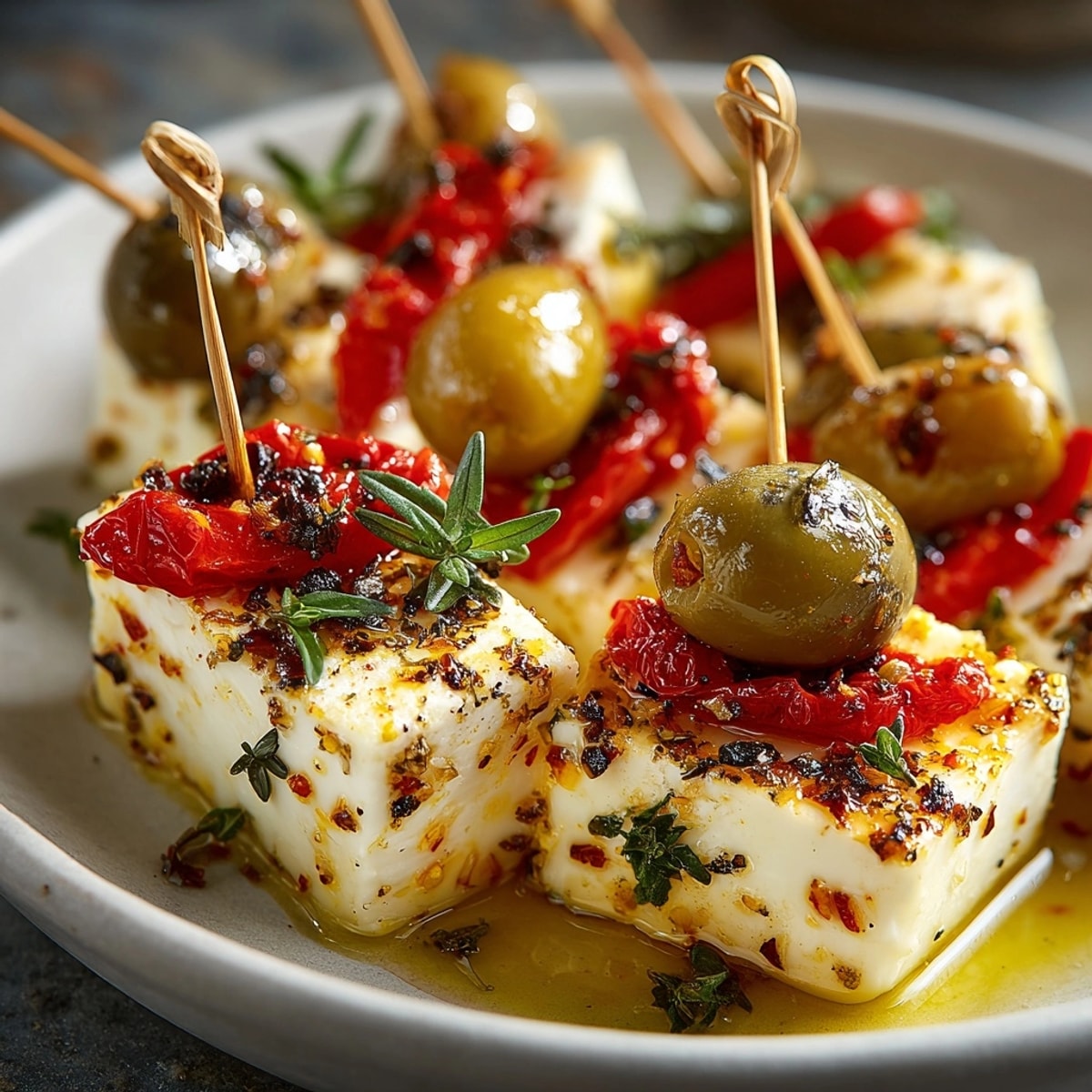 Disfrute de las tapas de queso manchego fáciles: delicioso queso español con aceitunas y pimientos listos para ser servidos.
