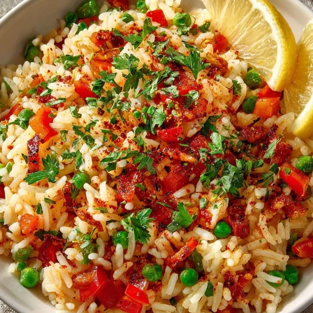 Foto de arroz español clásico: arroz vibrante, salteado con pimientos y tomates.