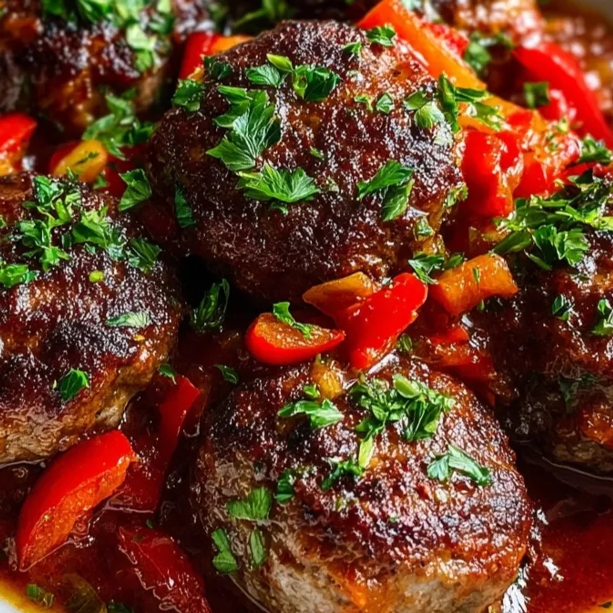 Deliciosas albóndigas españolas fáciles hirviendo a fuego lento en una salsa roja de paprika.