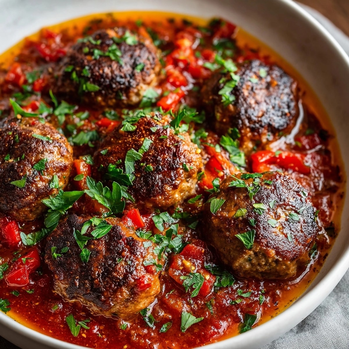 Vista cercana de albóndigas españolas fáciles; la salsa roja brillante con perejil picado fresco.