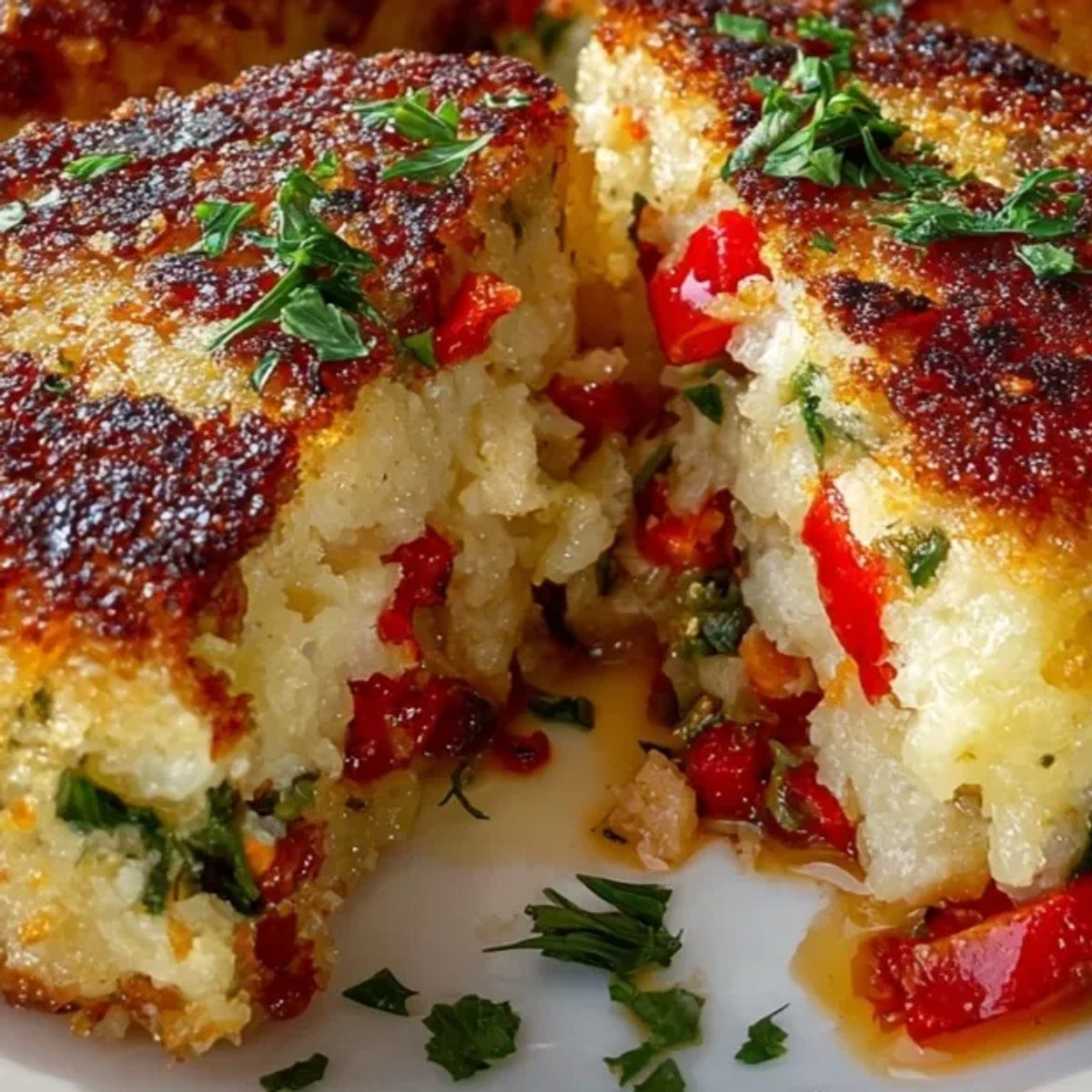 Deliciosos pasteles de patata española horneados, rellenos de verduras y cubiertos con pan rallado crujiente.