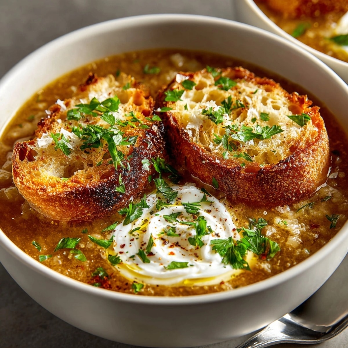 Bowl of Spanish Garlic Soup Light, garnished with parsley, ready to savor.