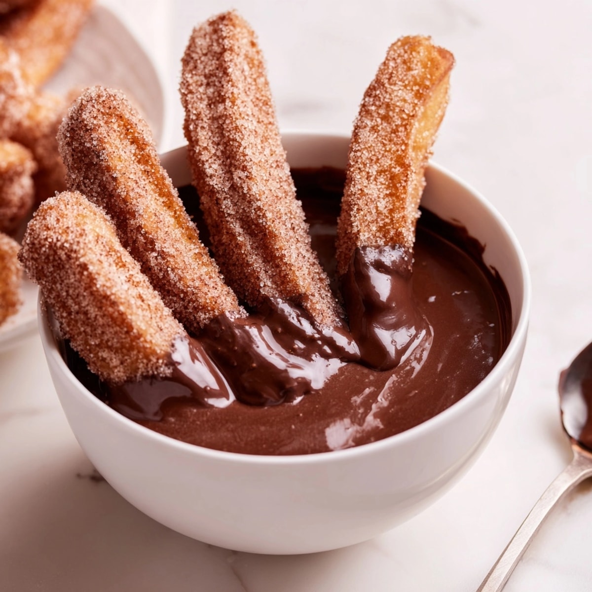 Ricos churros crujientes recién hechos, bañados en azúcar y canela, listos para el chocolate caliente español.