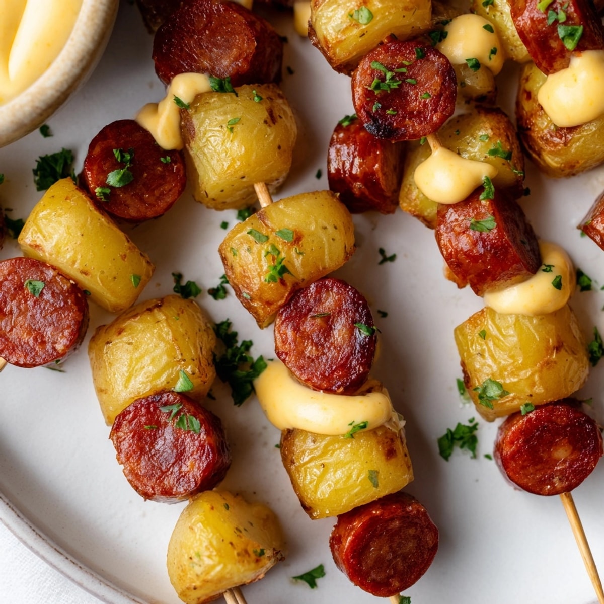 Sabrosos pinchos de chorizo y patata, dorados y ahumados, listos para mojar.