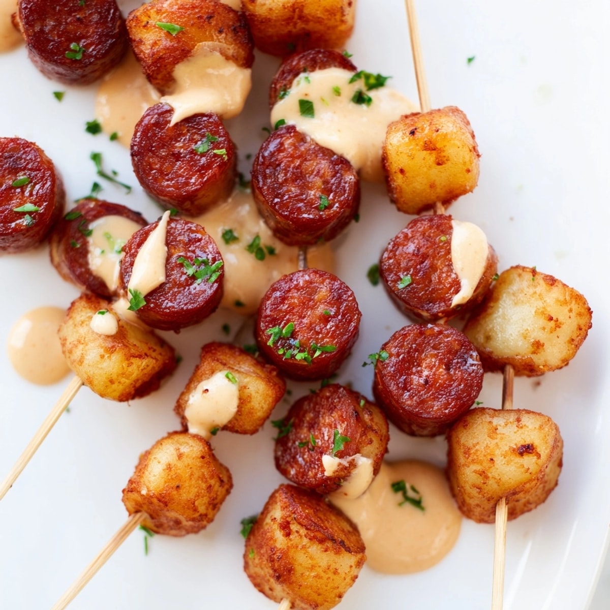 Deliciosos pinchos de tapas de chorizo y patata, perfectos para una fiesta o cena.