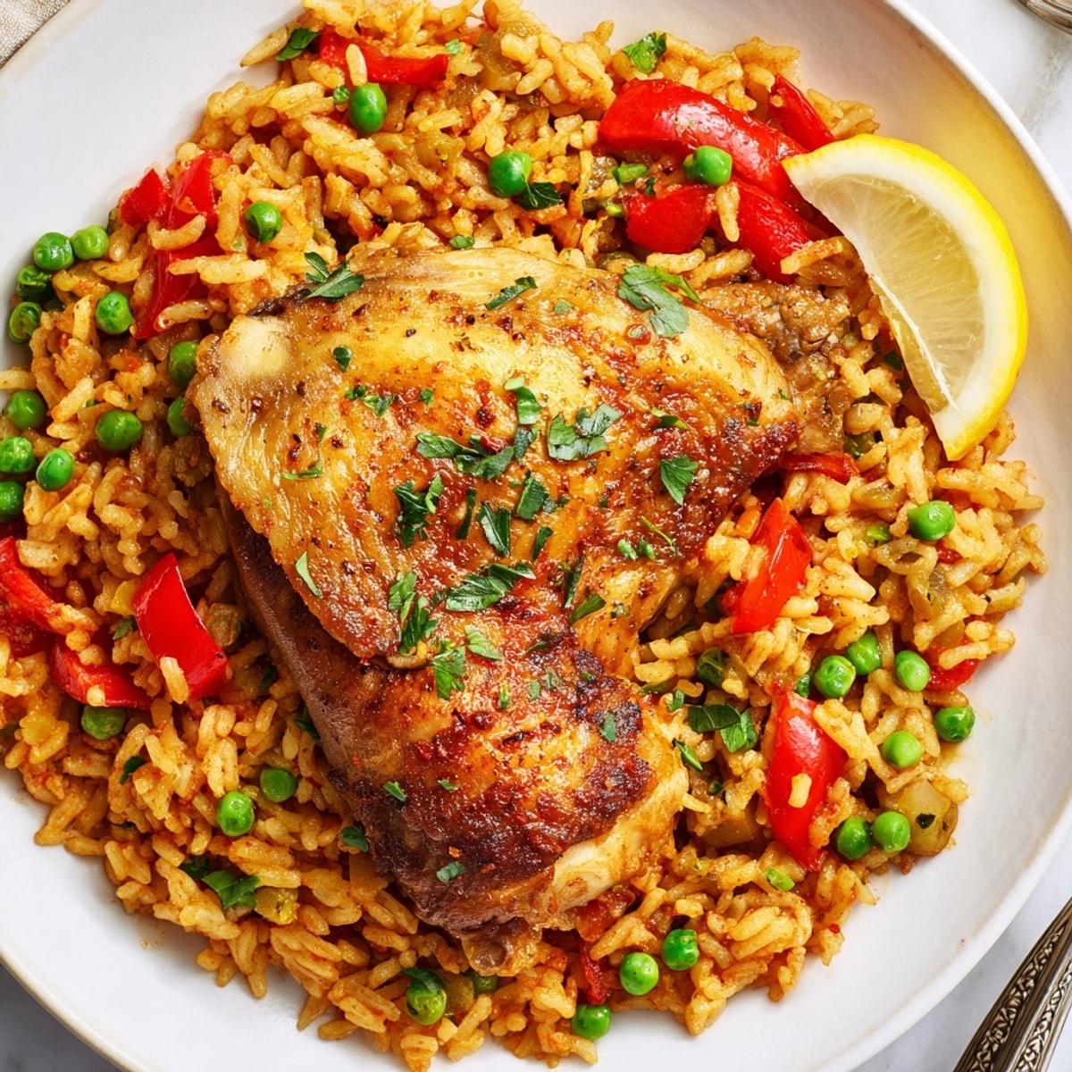 Pollo y arroz español fácil: muslos de pollo jugosos sobre un aromático lecho de arroz.