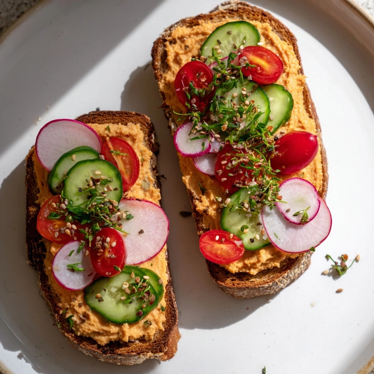Tostadas cremosas de hummus de pimiento rojo asado con verduras frescas y pan rústico.