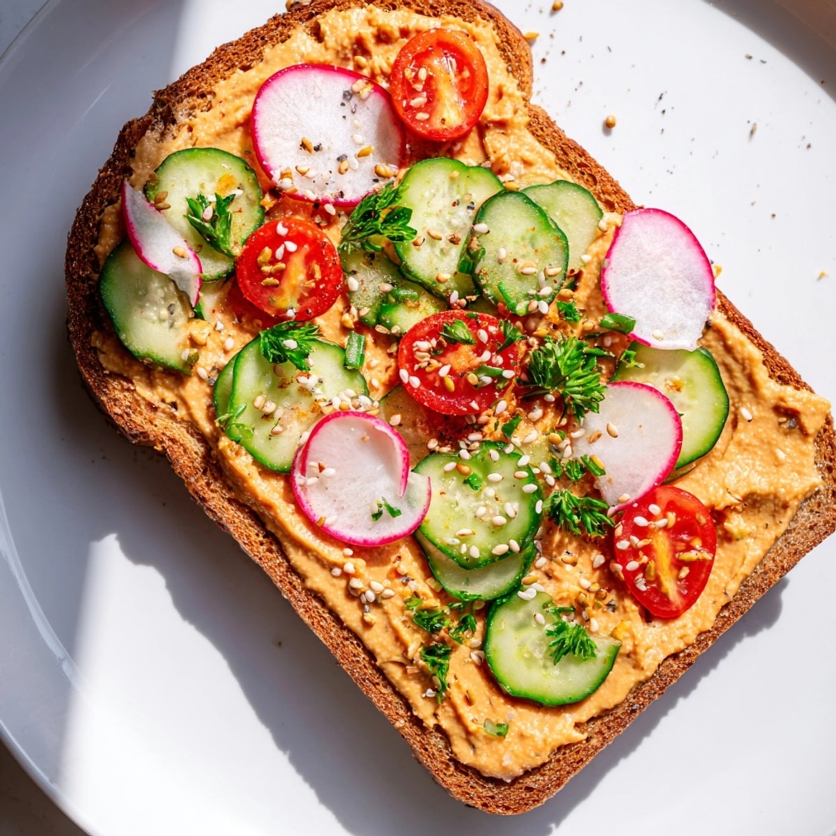 Tostadas doradas cubiertas con rico hummus de pimiento rojo asado, merienda mediterránea fácil.
