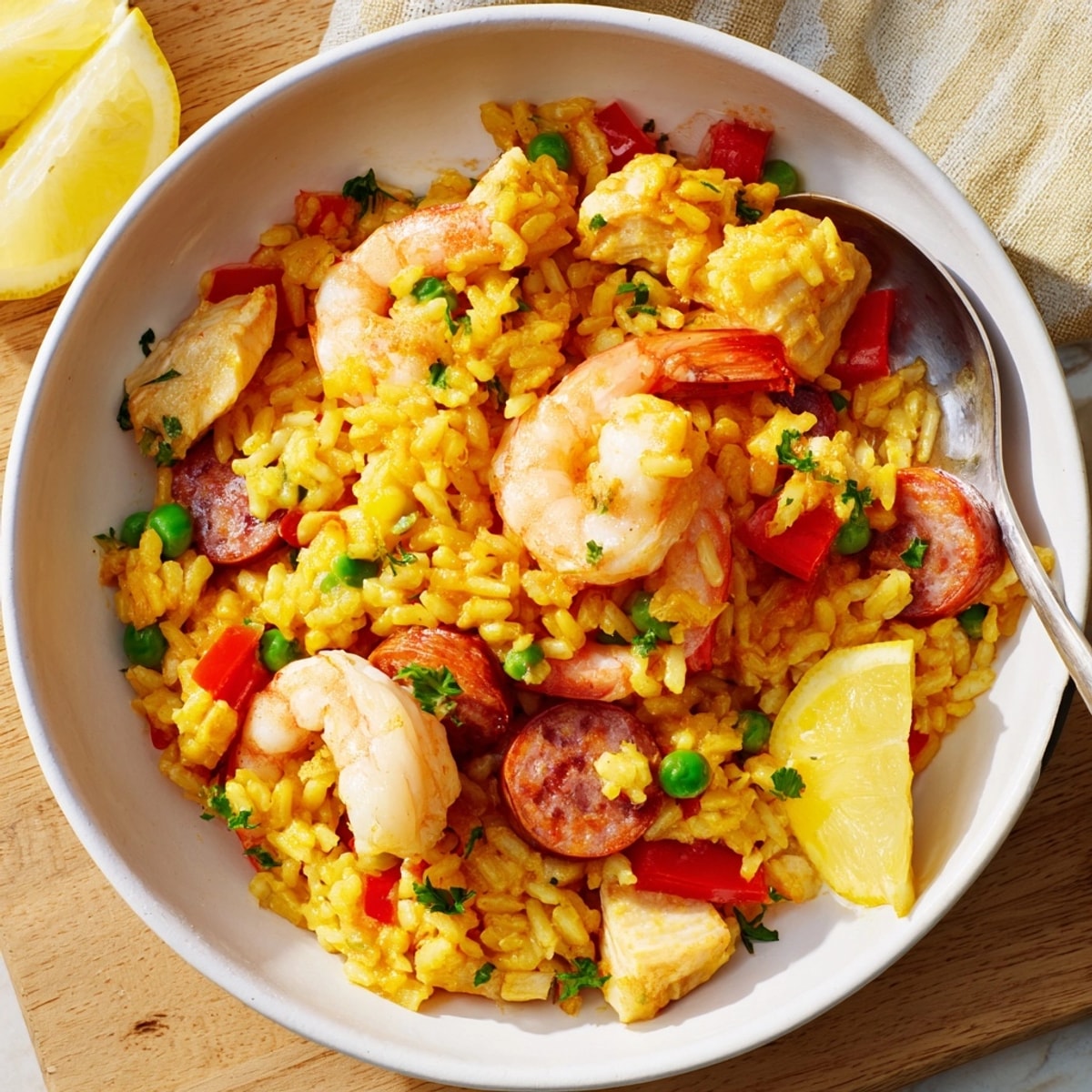 Cuenco de arroz inspirado en la paella, vibrante con azafrán, mariscos frescos y pollo.