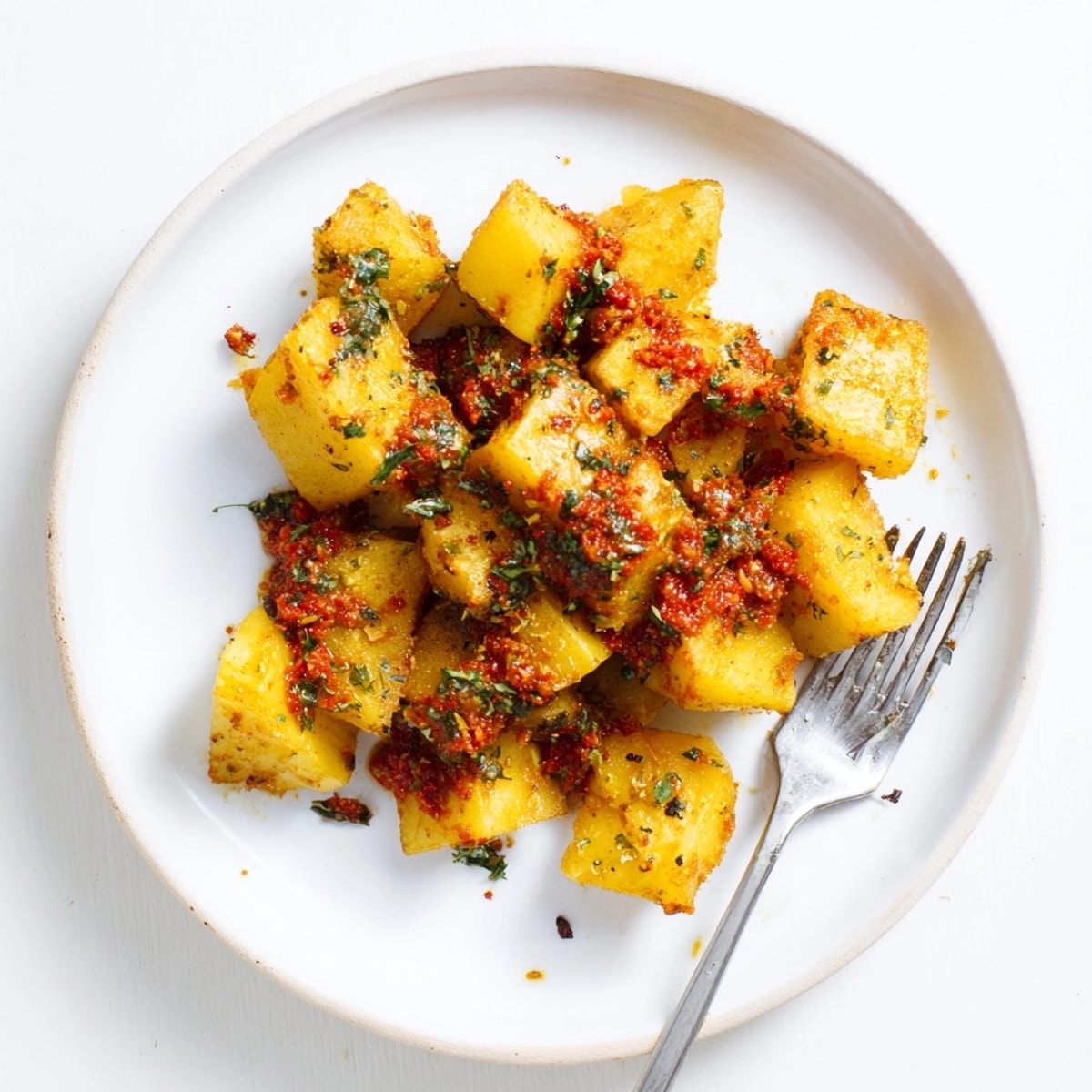 Crujientes y doradas Patatas Bravas cubiertas con salsa brava y alioli cremoso.