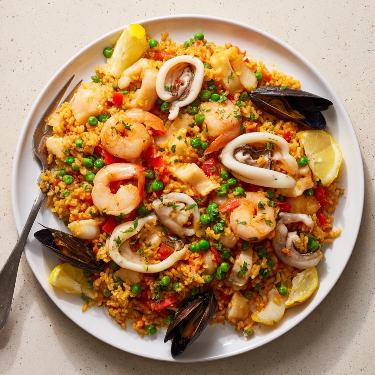 Colorida paella de mariscos española lista para servir con arroz brillante azafranado.