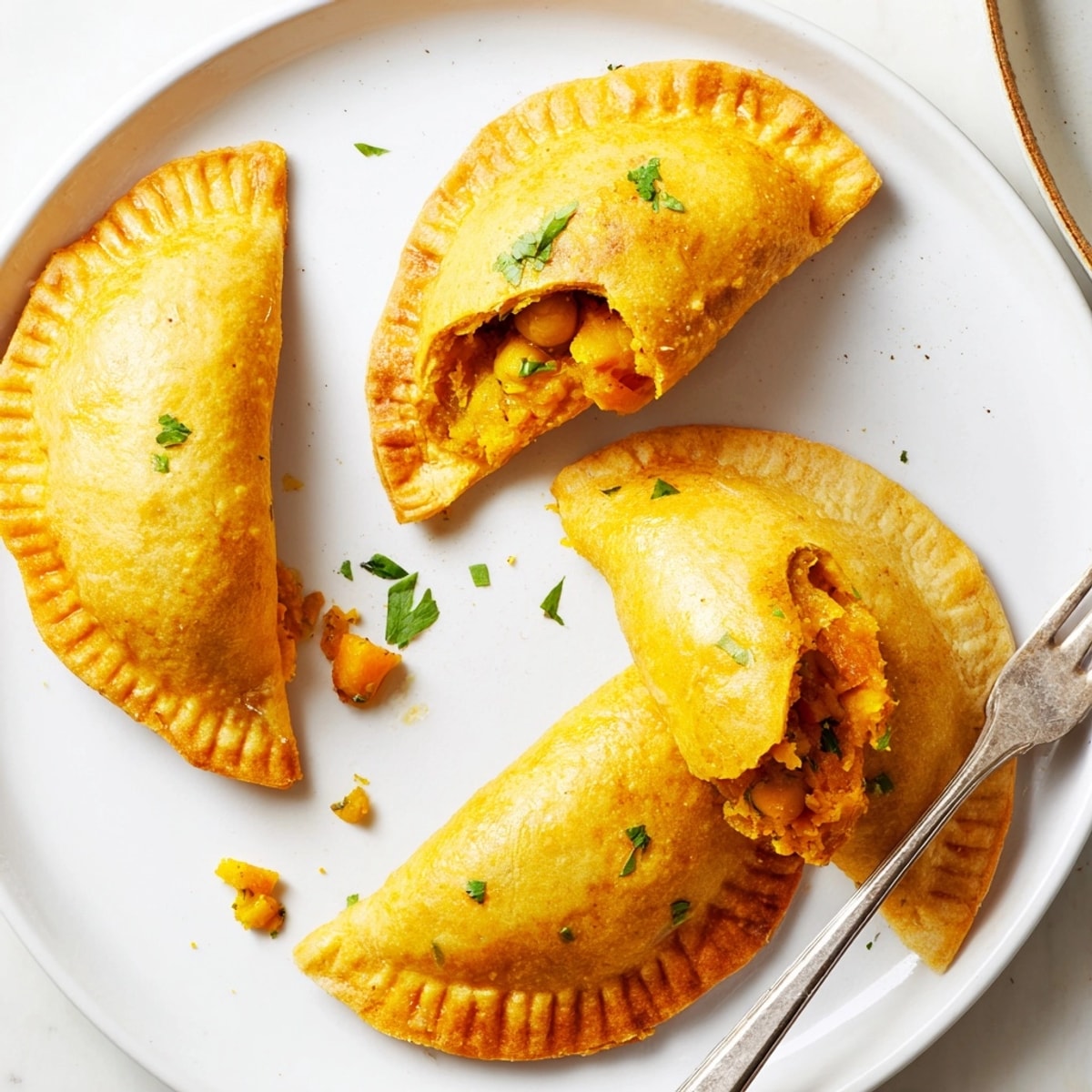 Empanadas de calabaza y garbanzos doradas, horneadas hasta obtener un dorado perfecto. ¡Lista para servir!