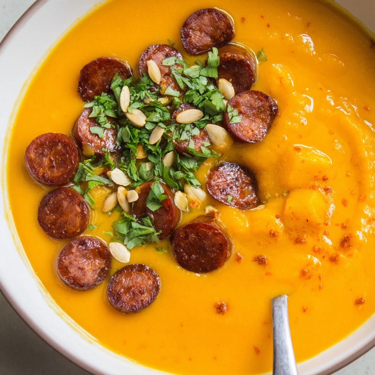 Un tazón caliente de sopa de calabaza con chorizo ahumado, adornado con cilantro fresco.