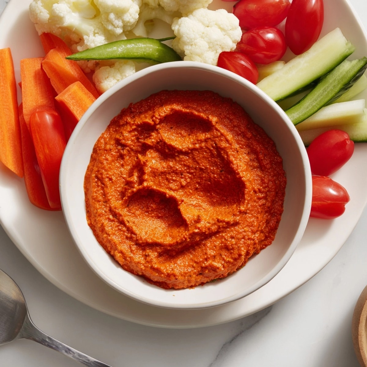 Dip Romesco español cremoso rodeado de zanahorias crujientes y verduras frescas.