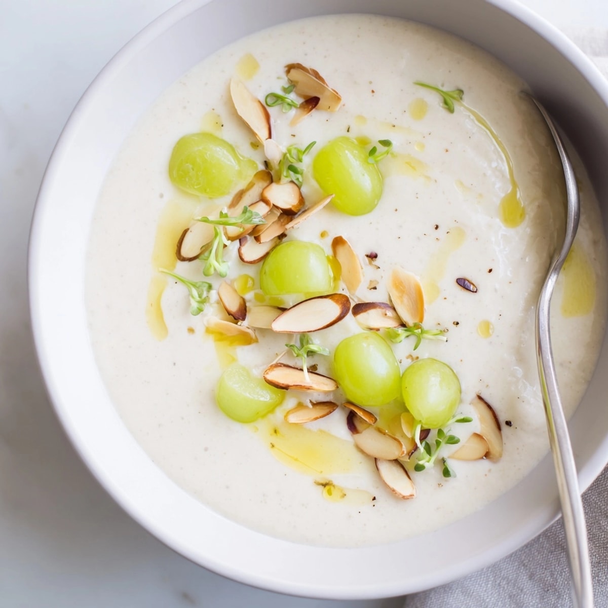 Crema refrescante de sopa Ajo Blanco de Almendras lista para adornar con uvas.