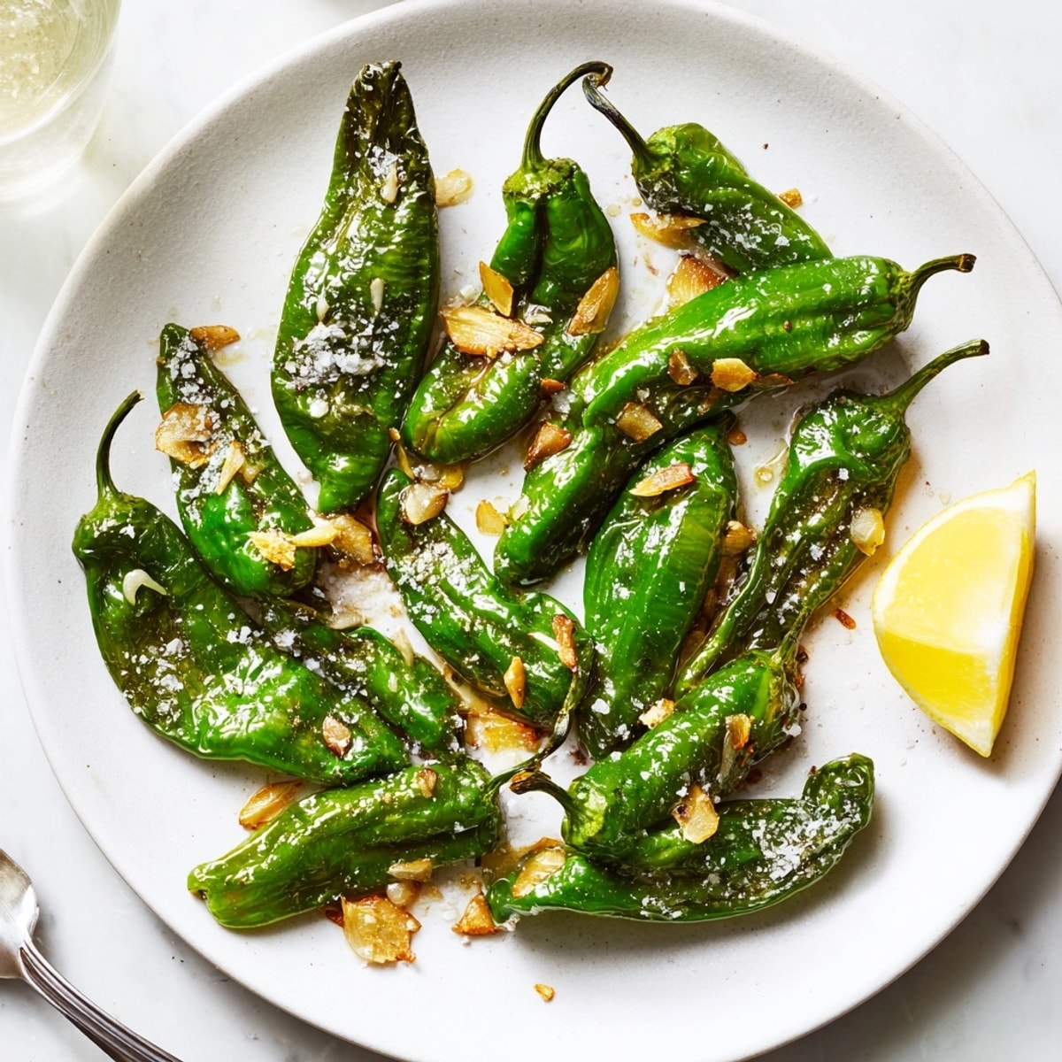 Pimientos de Padrón asados al ajo, aperitivo español fácil y rápido.