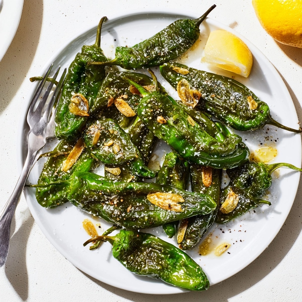 Pimientos de Padrón asados al ajo: tapeo español con un toque picante ocasional.