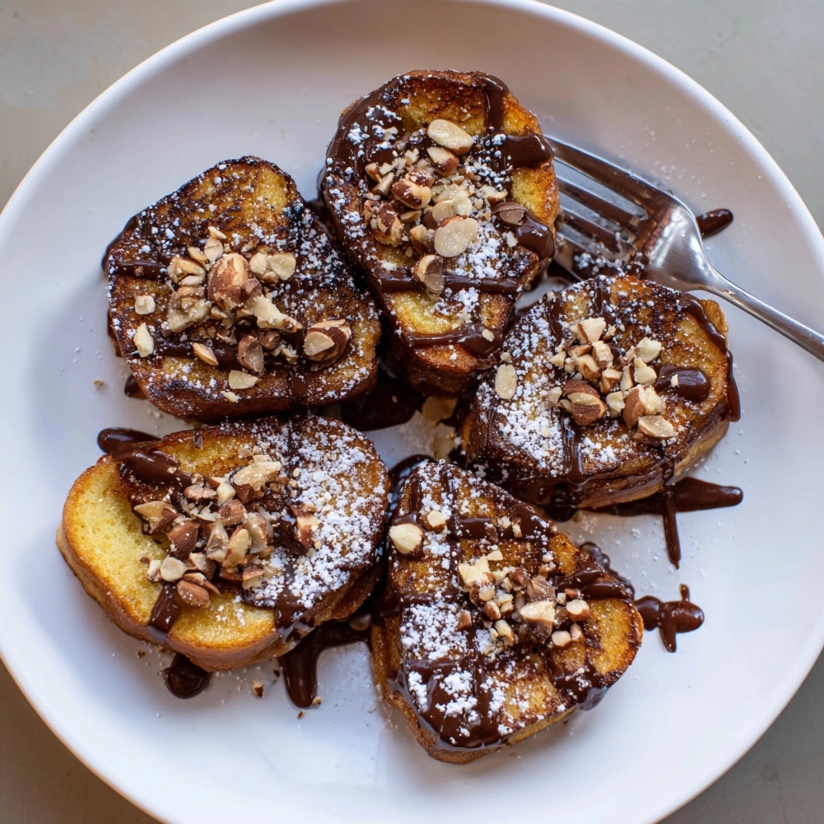 **Hazelnut Chocolate Torrijas**, crujientes y doradas, empapadas en leche de avellana y rociadas con chocolate delicioso.