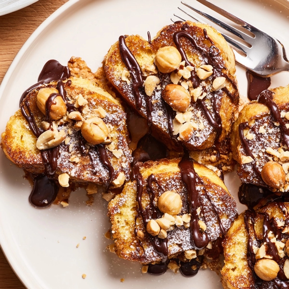 Hazelnut Chocolate Torrijas calientes, brillantes con salsa de chocolate, textura rica para postre o desayuno.