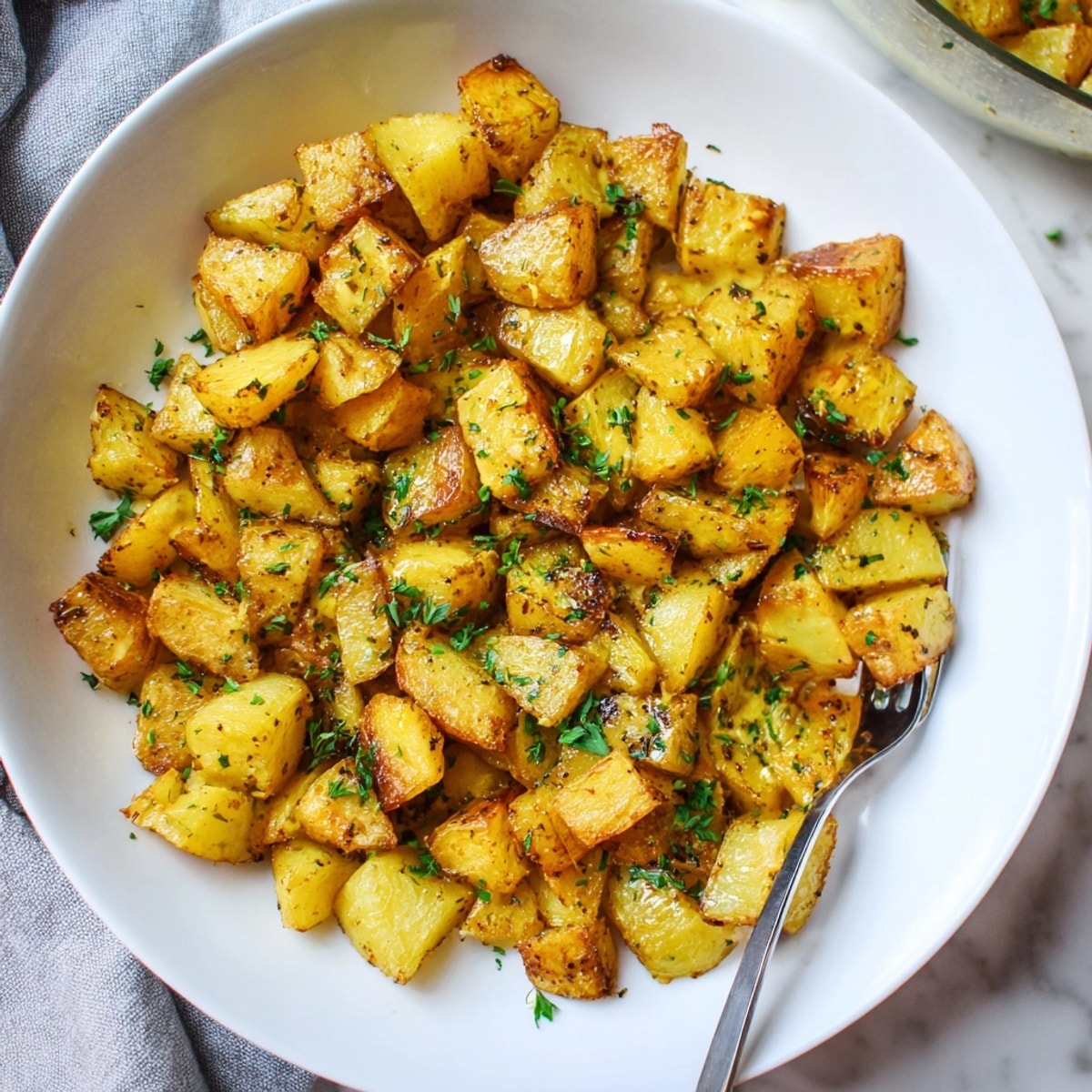 Crujientes y doradas patatas bravas con hierbas, un bocado español sabroso.