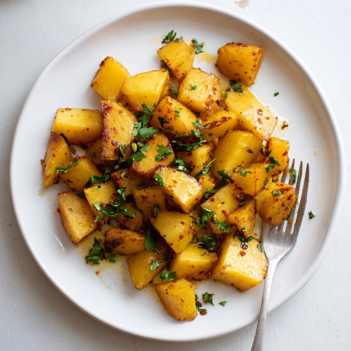 Un primer plano de patatas bravas con hierbas recién preparadas, rociadas con aioli cremoso.