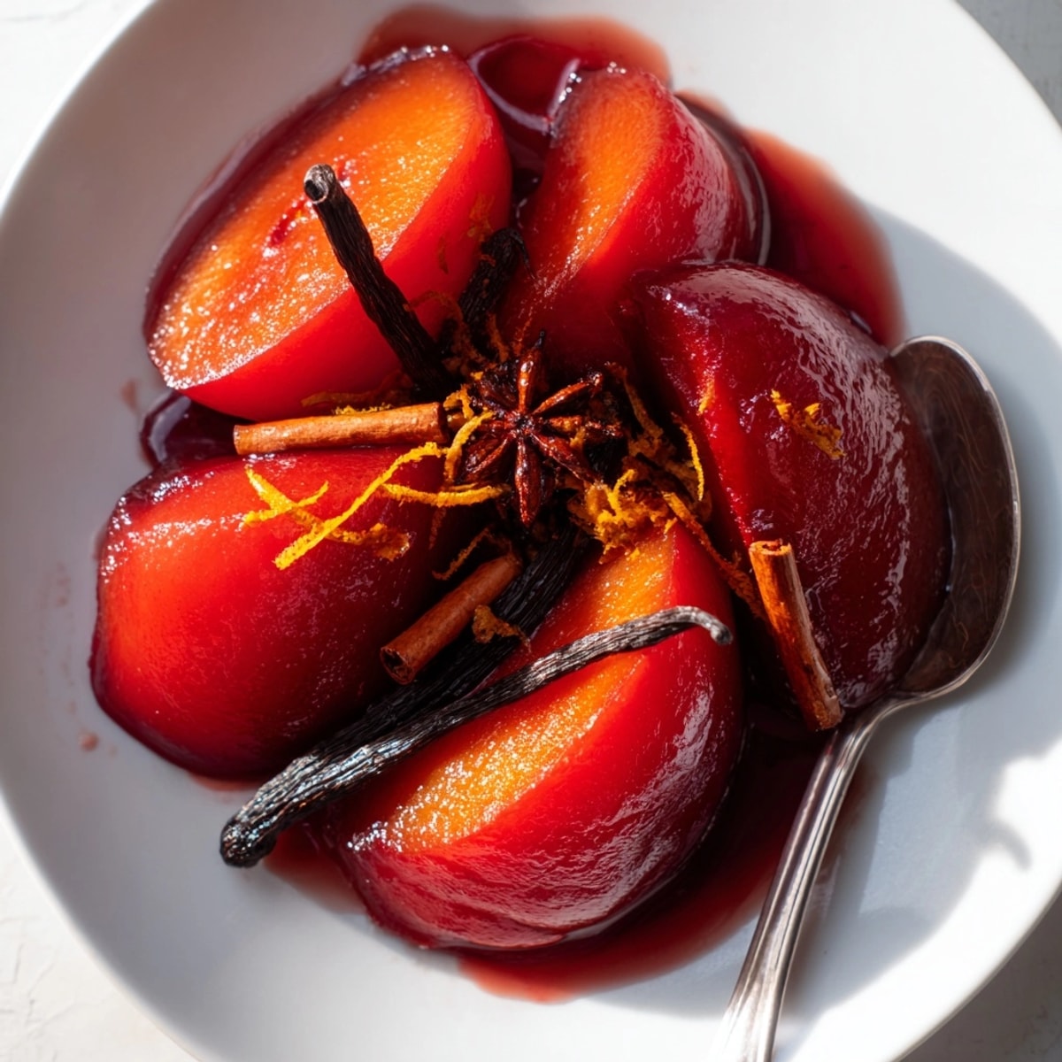 Deliciosos trozos acaramelados de quince pochado en vino tinto con especias, servido con crema batida.