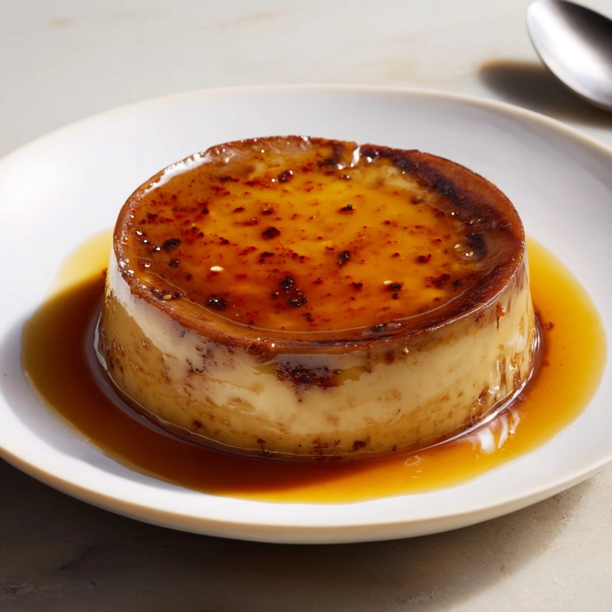Delicado flan de castañas especiado, un postre cremoso de otoño con un toque aromático.