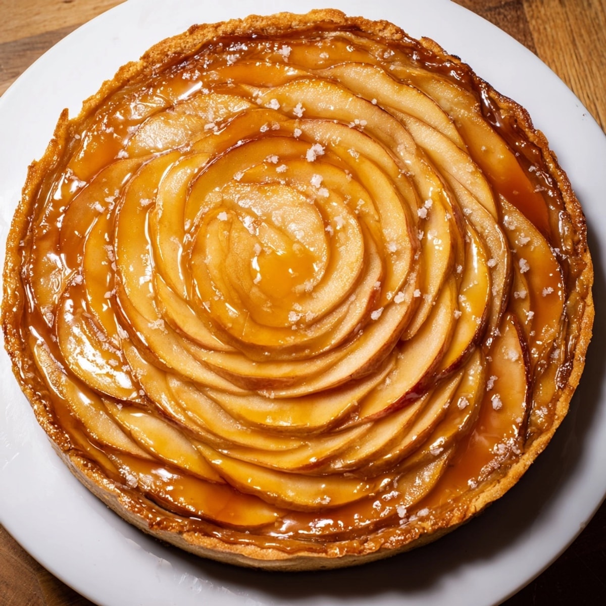 A golden Spanish Apple Tarta de Manzana, warm from the oven, glistening apricot glaze.