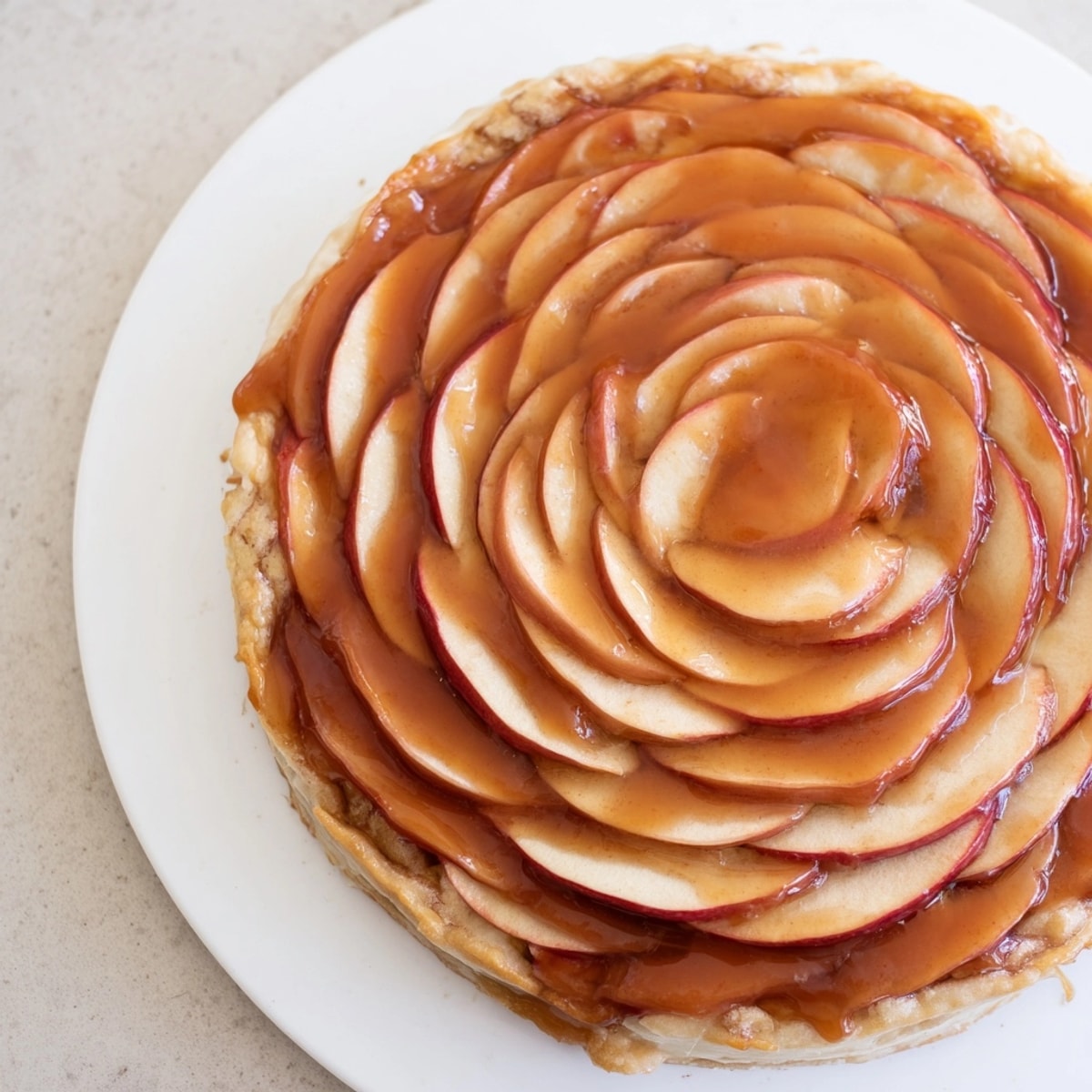 Close-up of a delectable Spanish Apple Tarta de Manzana, slice ready to serve with cream.