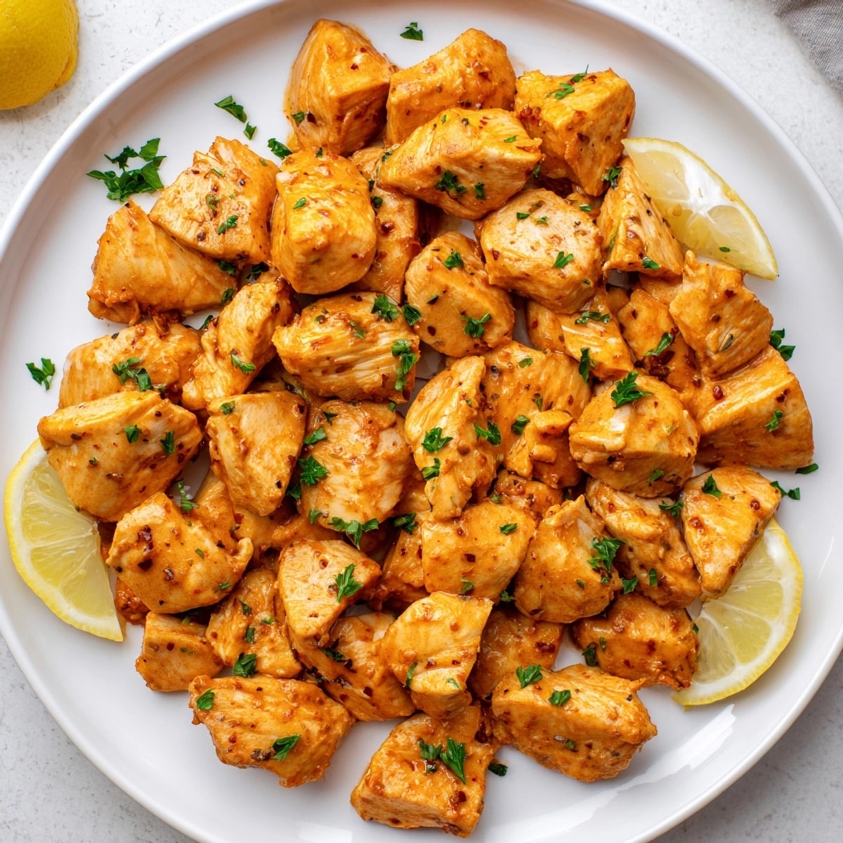 Jugosas mordidas de pollo asadas con pimentón, listas para servir como plato principal.