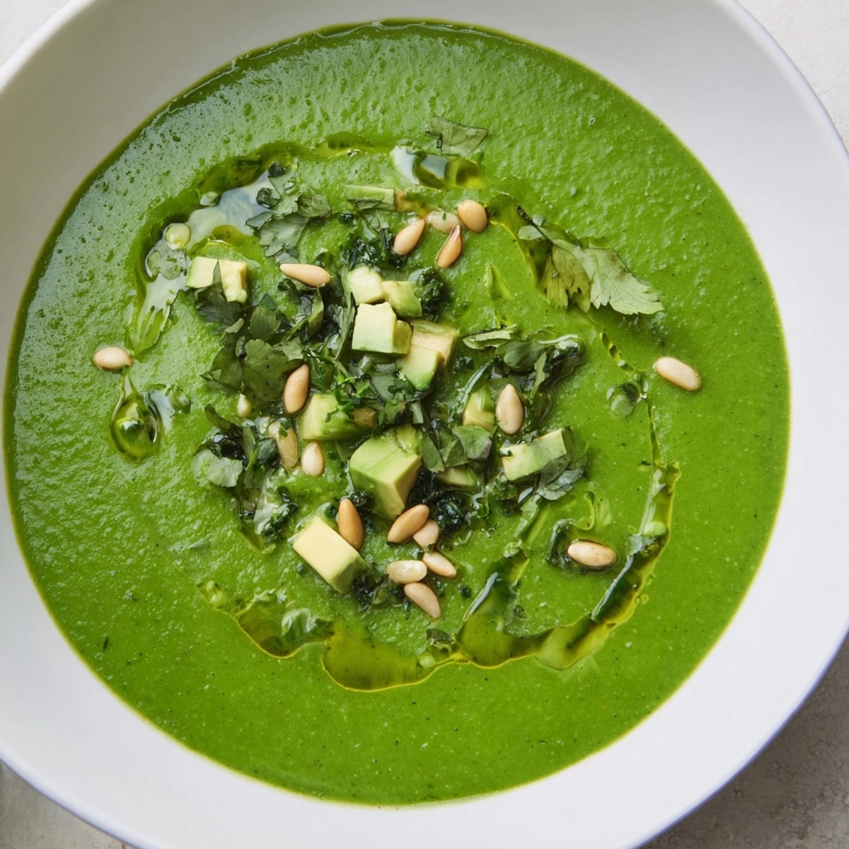 Gazpacho Verde cremoso con aguacate, hierbas – un refrescante remolino de sopa fácil de hacer.