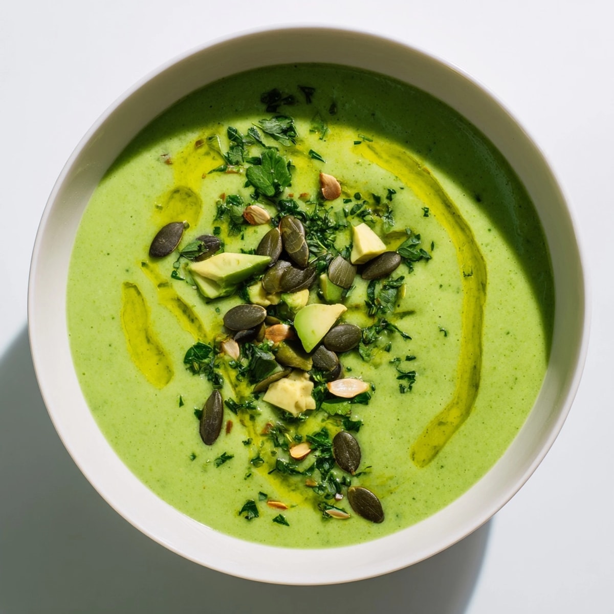 Mira este Gazpacho Verde, una brillante sopa española, adornada con hierbas frescas y aguacate.