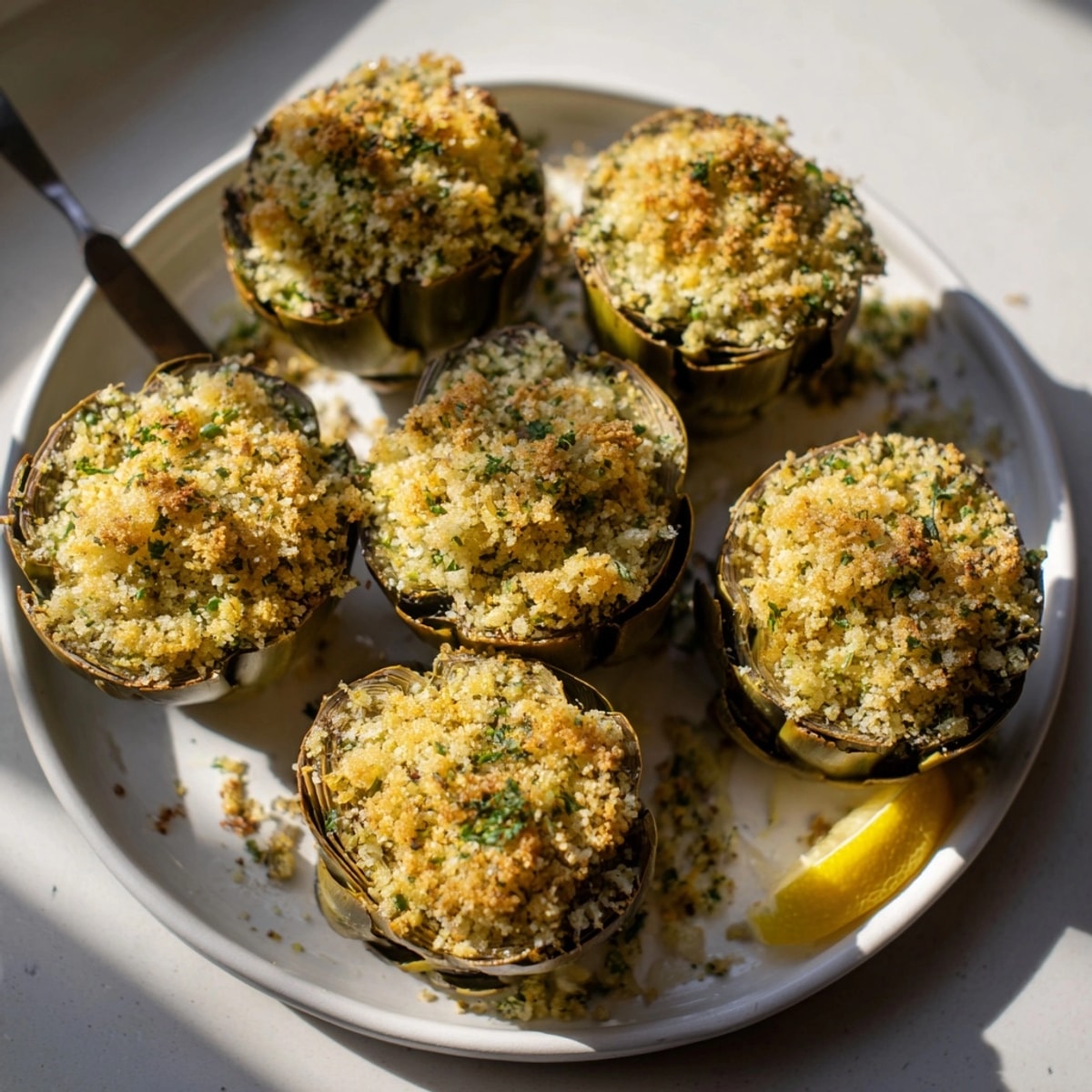 Alcachofas asadas al horno con pan rallado con hierbas, un plato mediterráneo rústico y dorado.