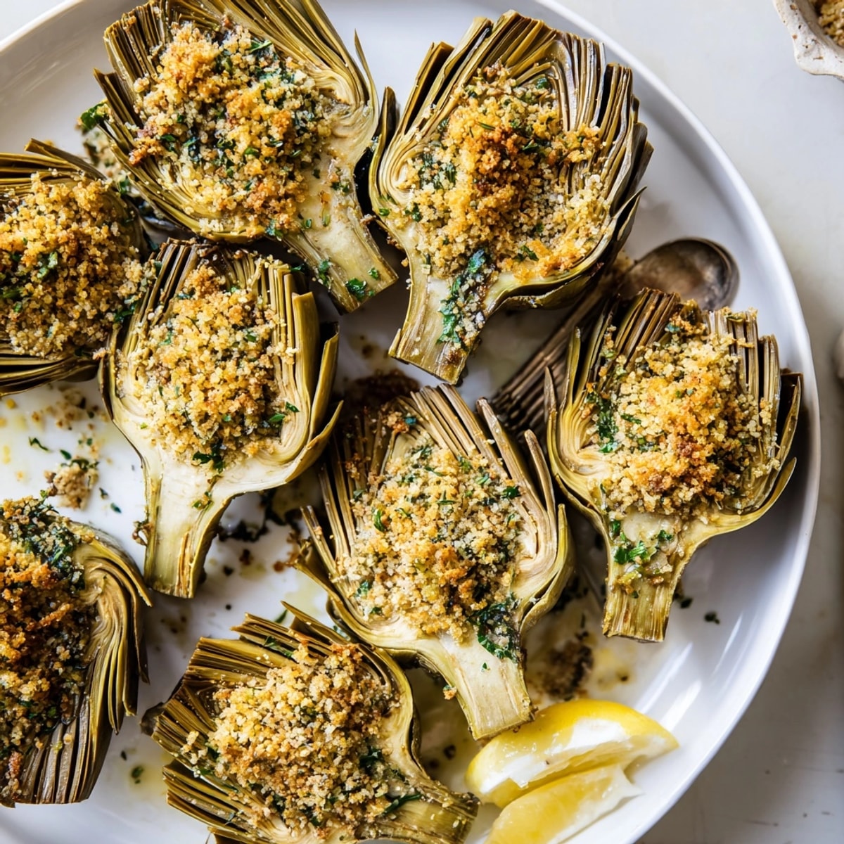 Detalle de las alcachofas asadas al horno, espolvoreadas con arom&aacute;ticos pan rallado con hierbas.