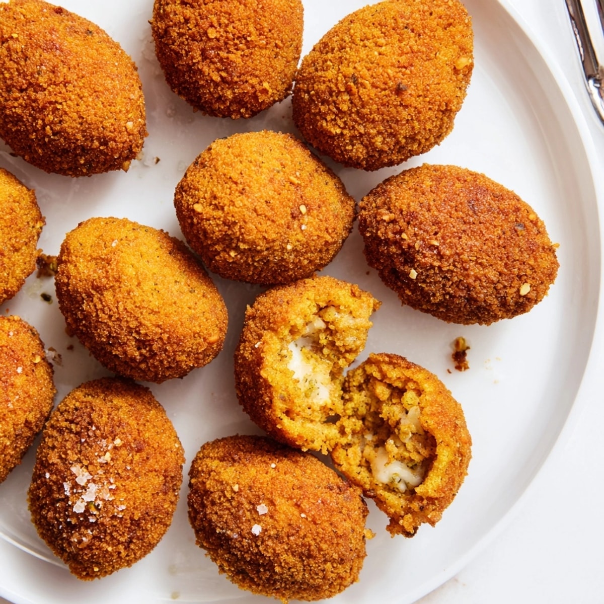 Freír hasta dorar: Croquetas de Pistacho con Sal Ahumada mostrando la textura crujiente.